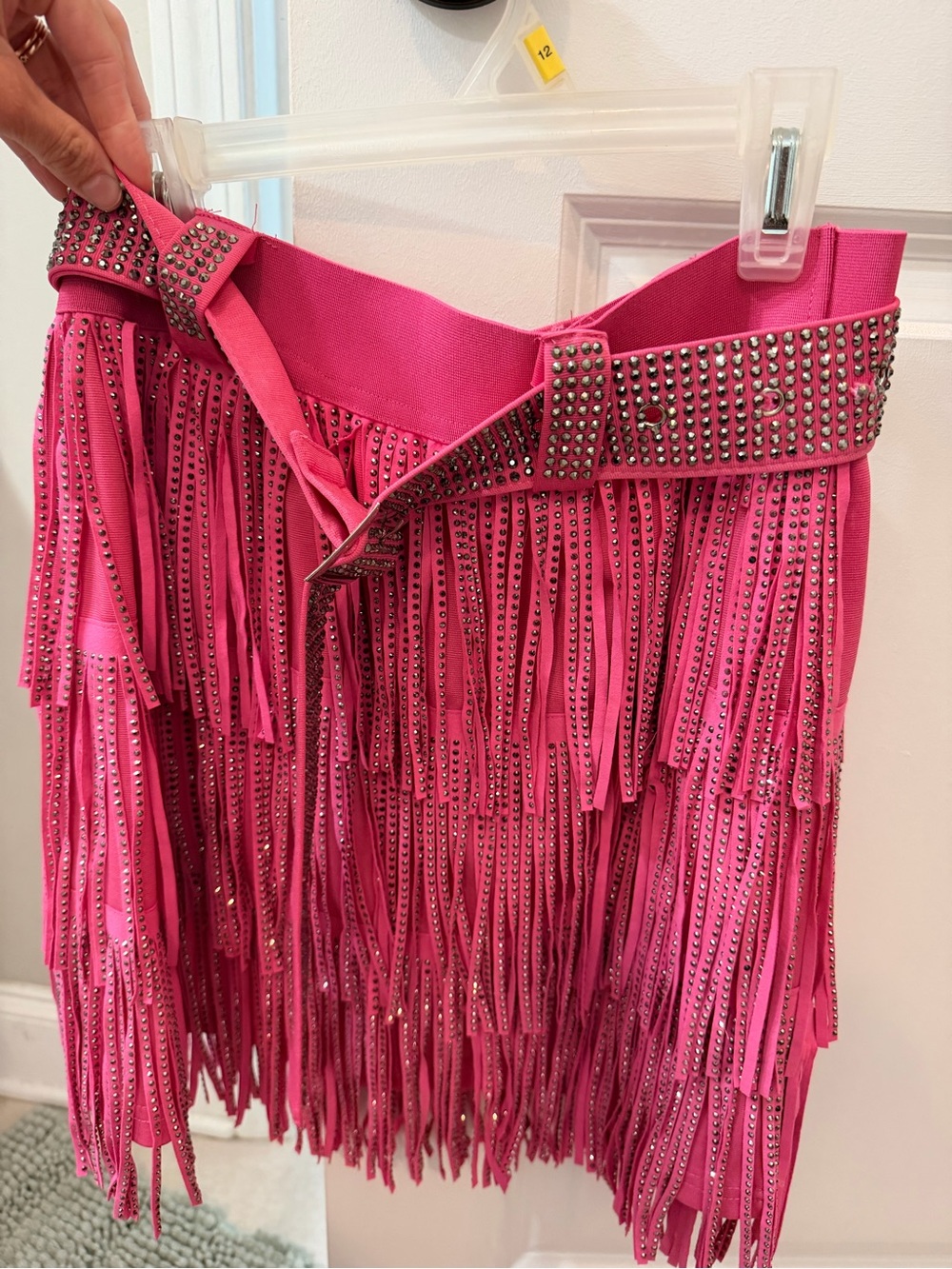 Amazon Hot Pink Studded Fringe Mini Skirt